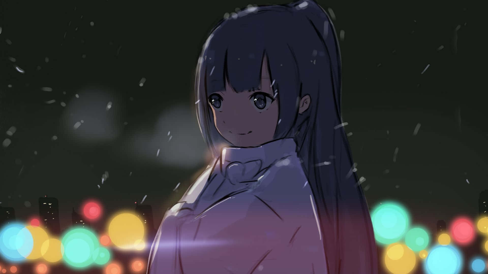 夜晚城市燈光背後的雪中動漫女孩