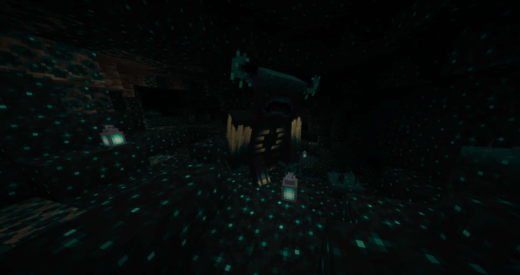 終界使者在一個由發光方塊和燈籠照亮的黑暗 Minecraft 洞穴中。