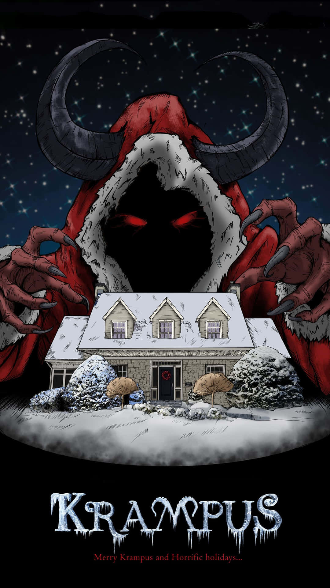 Krampus在繁星點點的夜空下，籠罩著一間被雪覆蓋的房子。