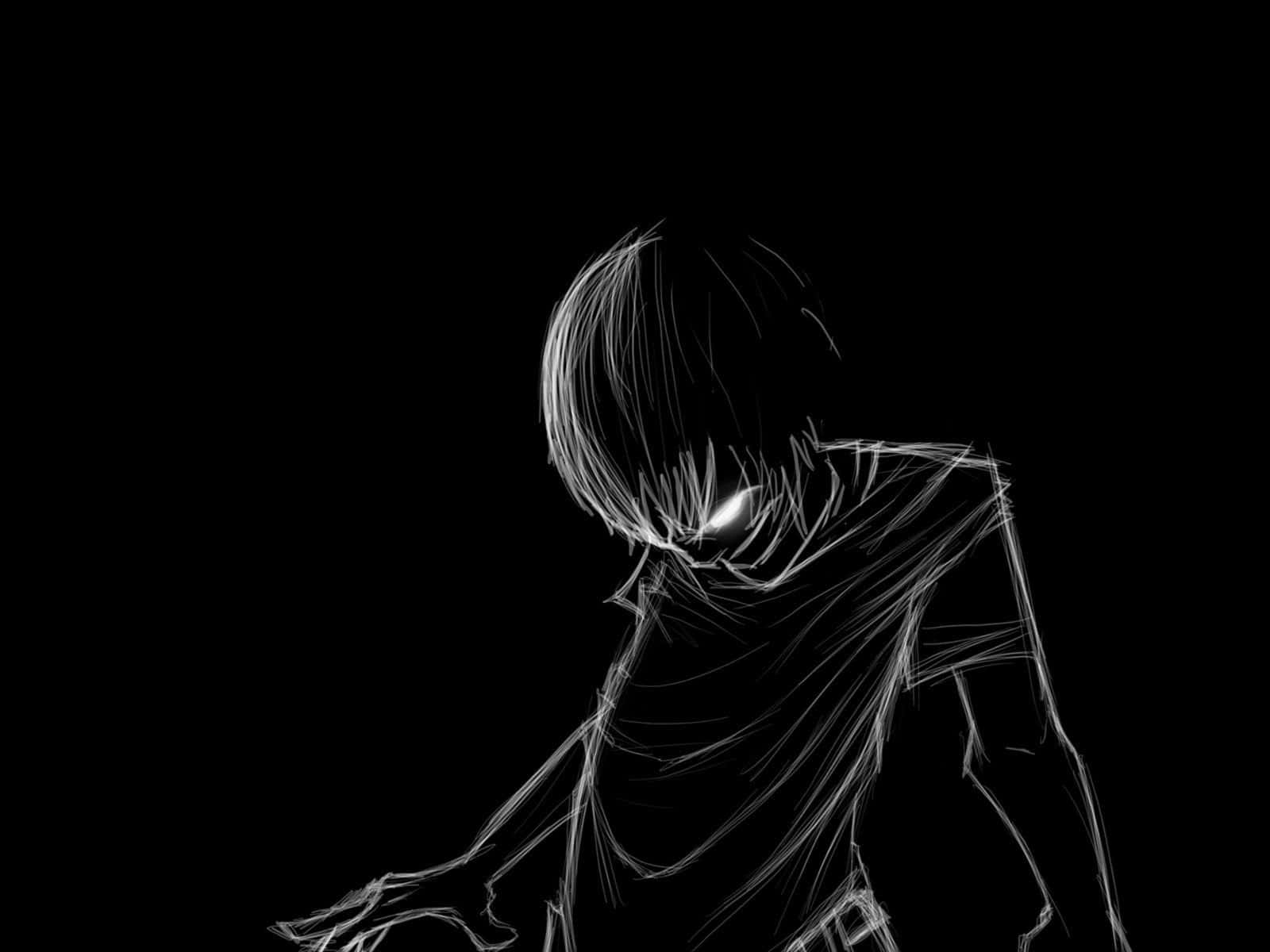 動漫角色，眼睛發光，白色素描線條，黑色背景