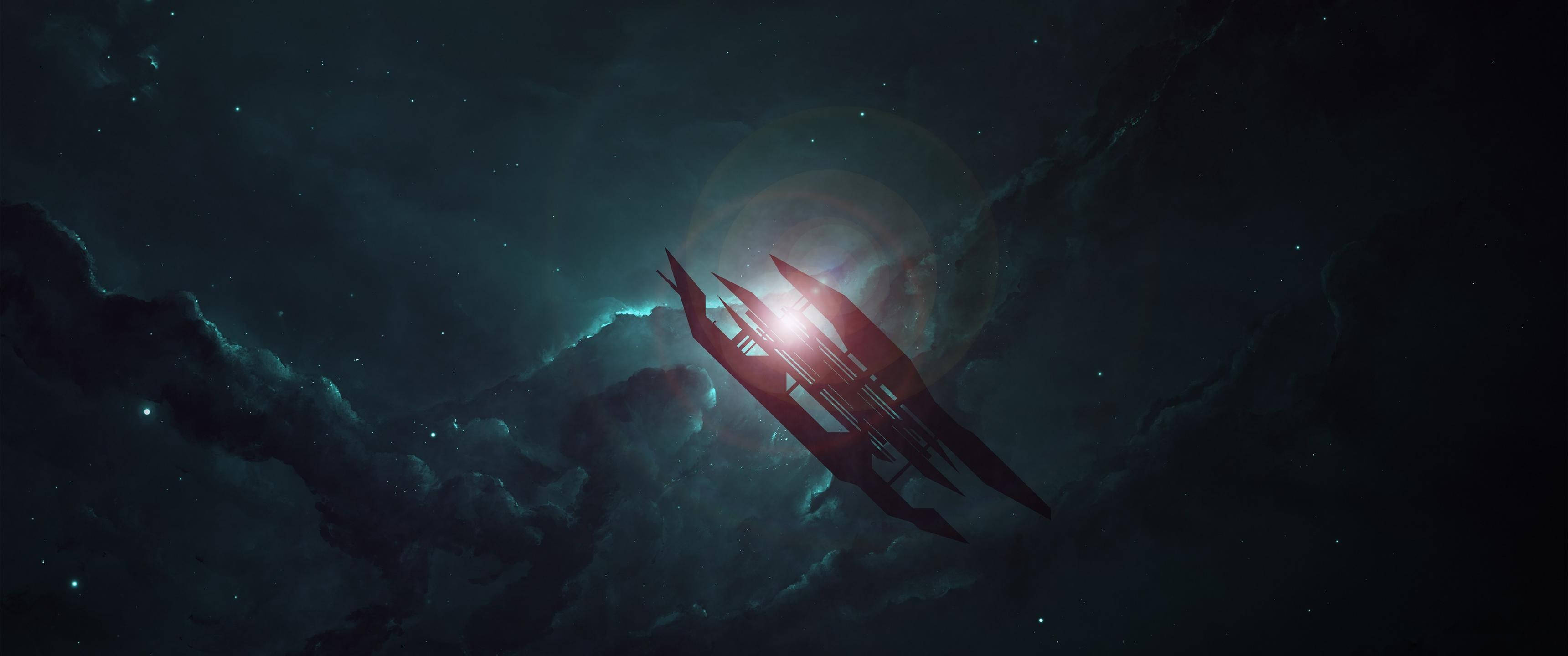 黑暗中的太空船 壁紙 — 一艘流線型太空船在閃爍的星星下，滑過散發著青綠色和黑色宇宙雲的星雲。