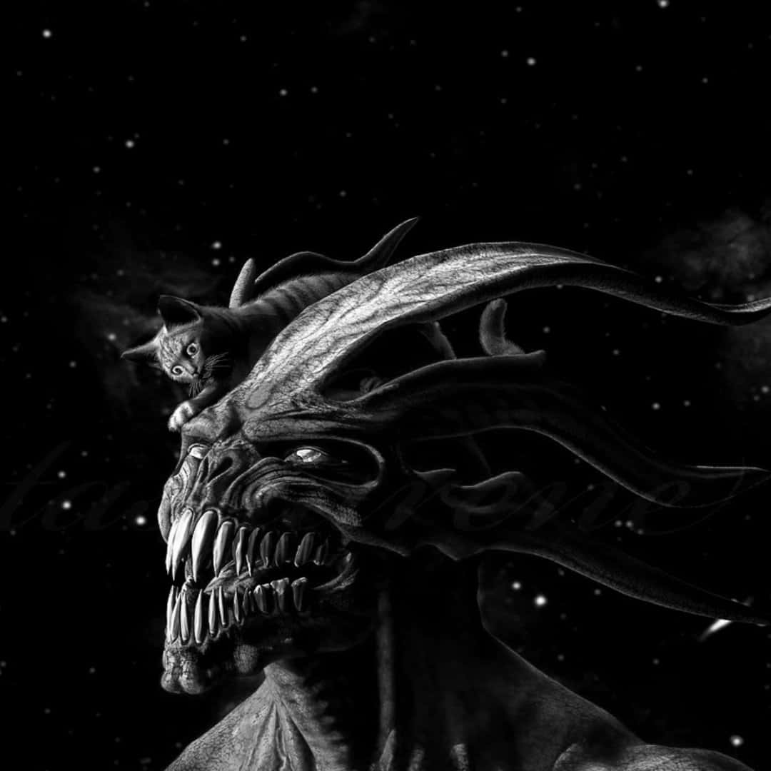 一隻小貓坐在一個漂浮在星際空間中的惡魔頭骨上。