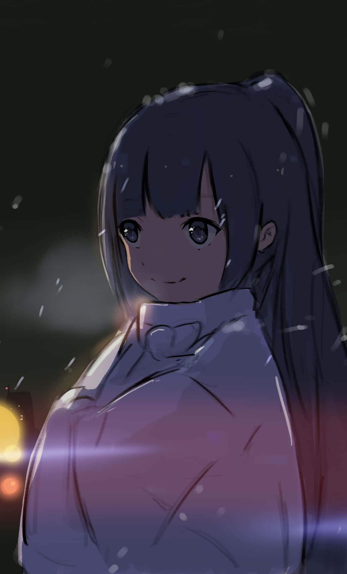 夜晚雪中動漫女孩，溫暖路燈光芒