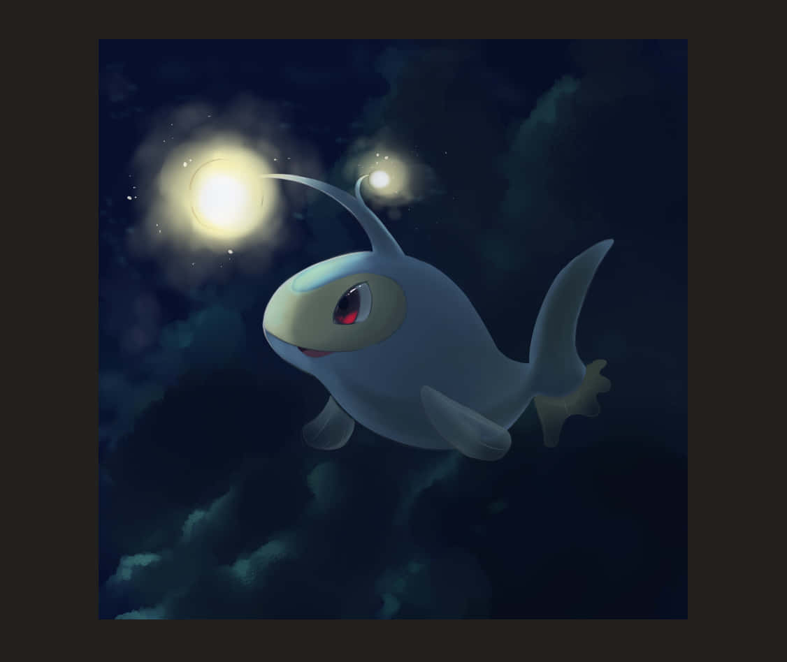一隻發光的鯊魚狀生物在明亮的天空之光下在烏雲中游動。