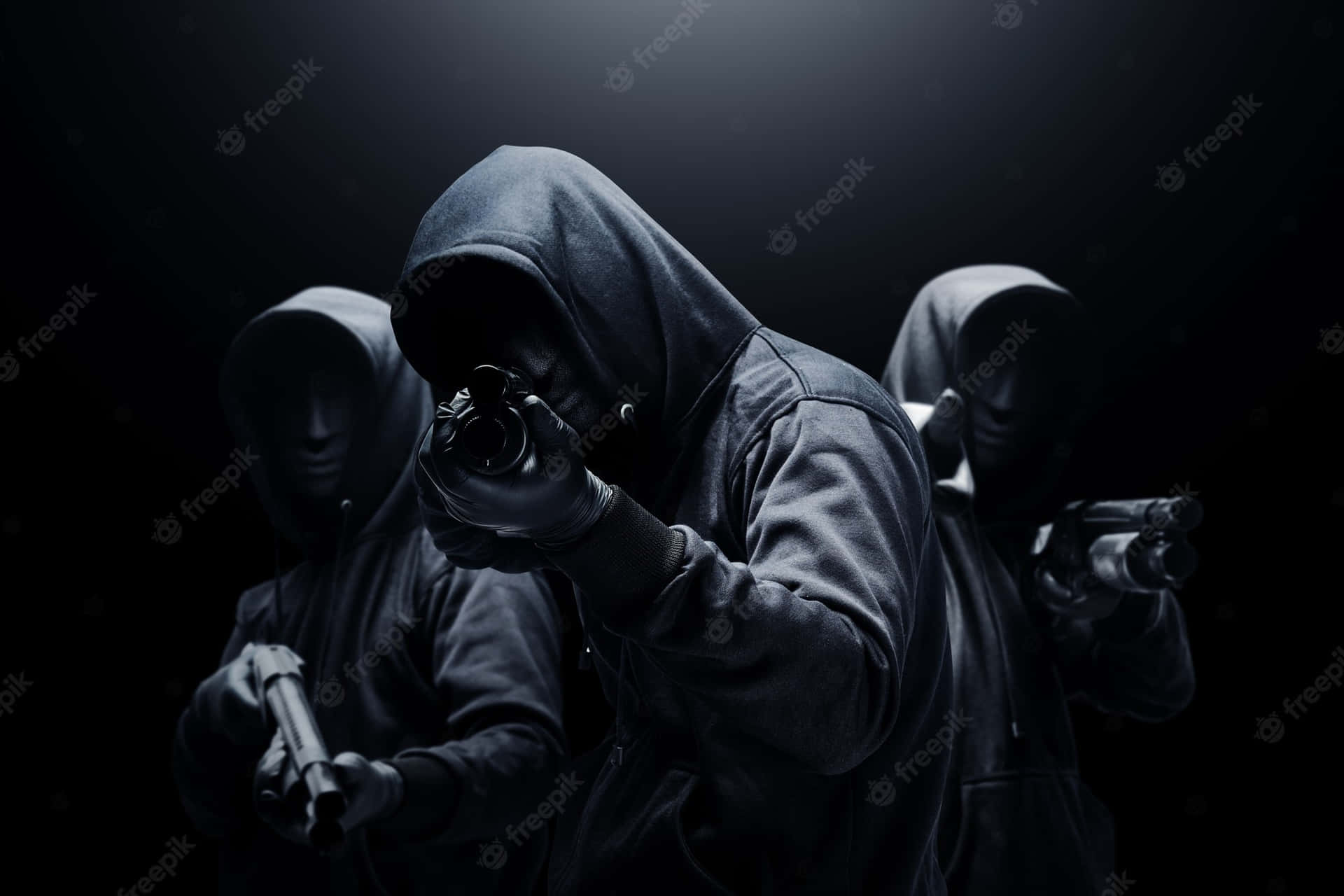 三個戴面具的武裝人士穿著連帽衫在昏暗光線下瞄準武器。