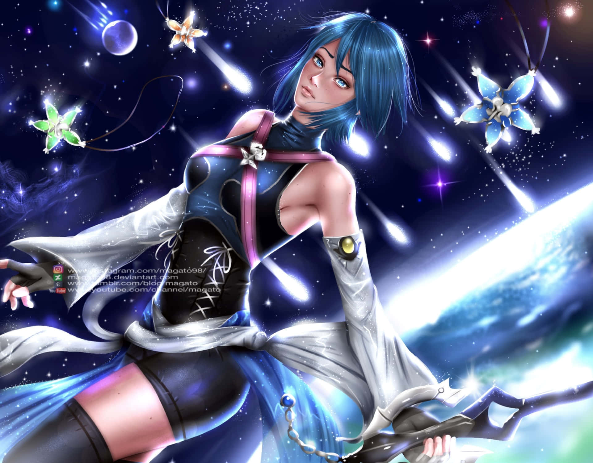 黑暗中透出希望之光——阿奎拉 壁紙 — 藍髮動漫少女在宇宙場景中，周圍有發光的蝴蝶和流星。