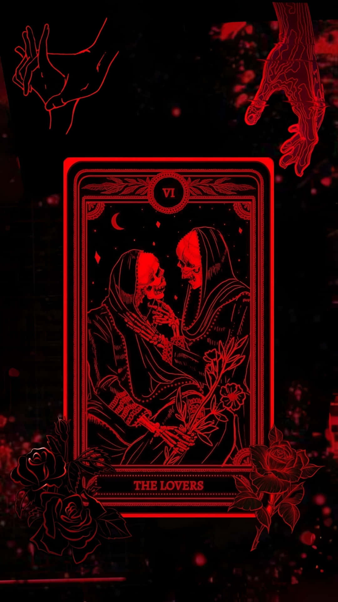 黑暗之愛塔羅戀人 壁紙 — 一張紅色燈光的塔羅牌，描繪骷髏戀人在黑暗背景中手持玫瑰，周圍有漂浮的手。