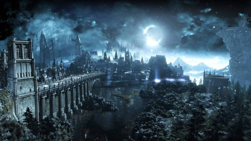 發光月亮下的哥德式城堡城市，有雪和石橋。