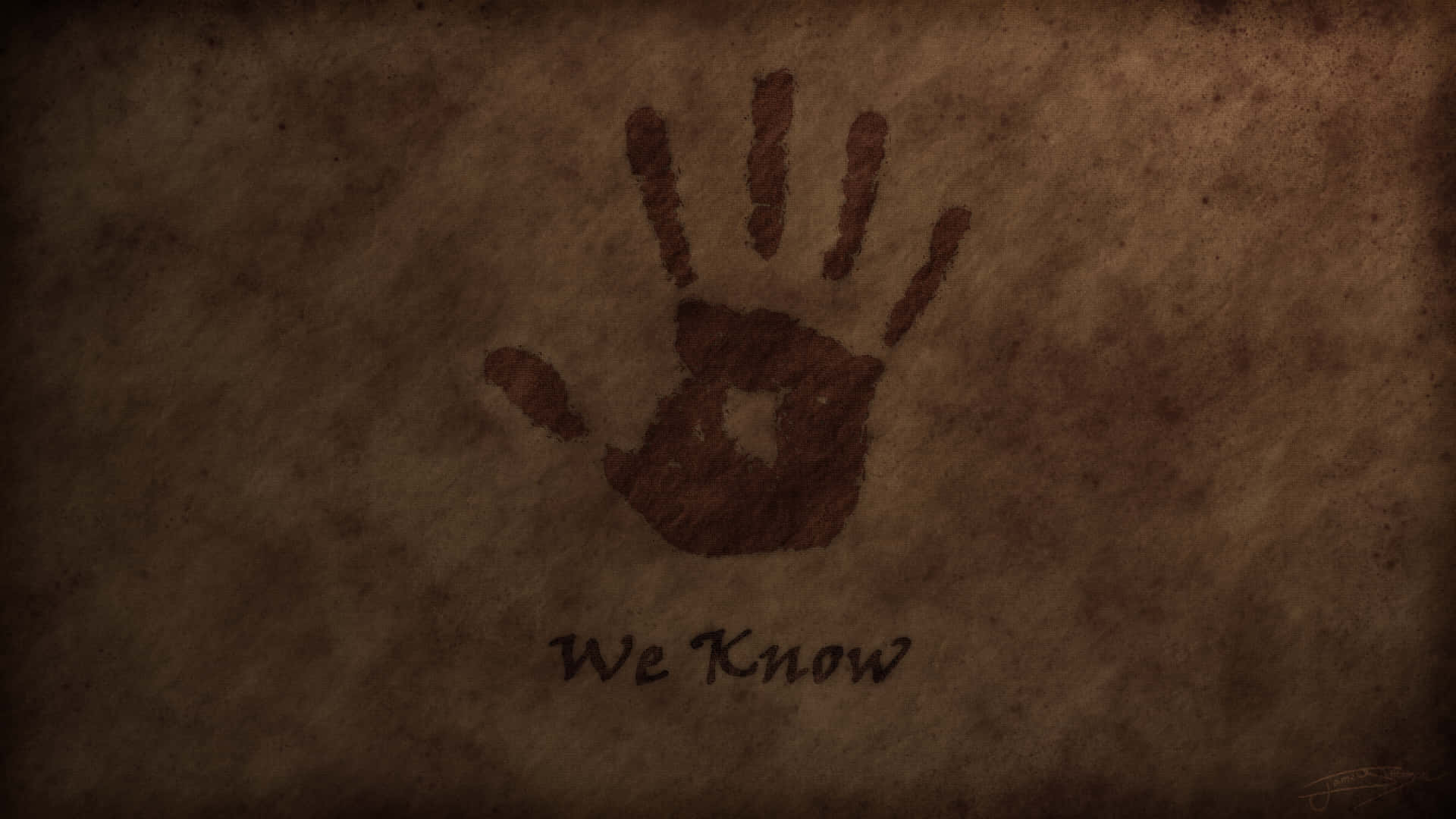 一個深色手印在舊羊皮紙上，下方有文字 We Know。