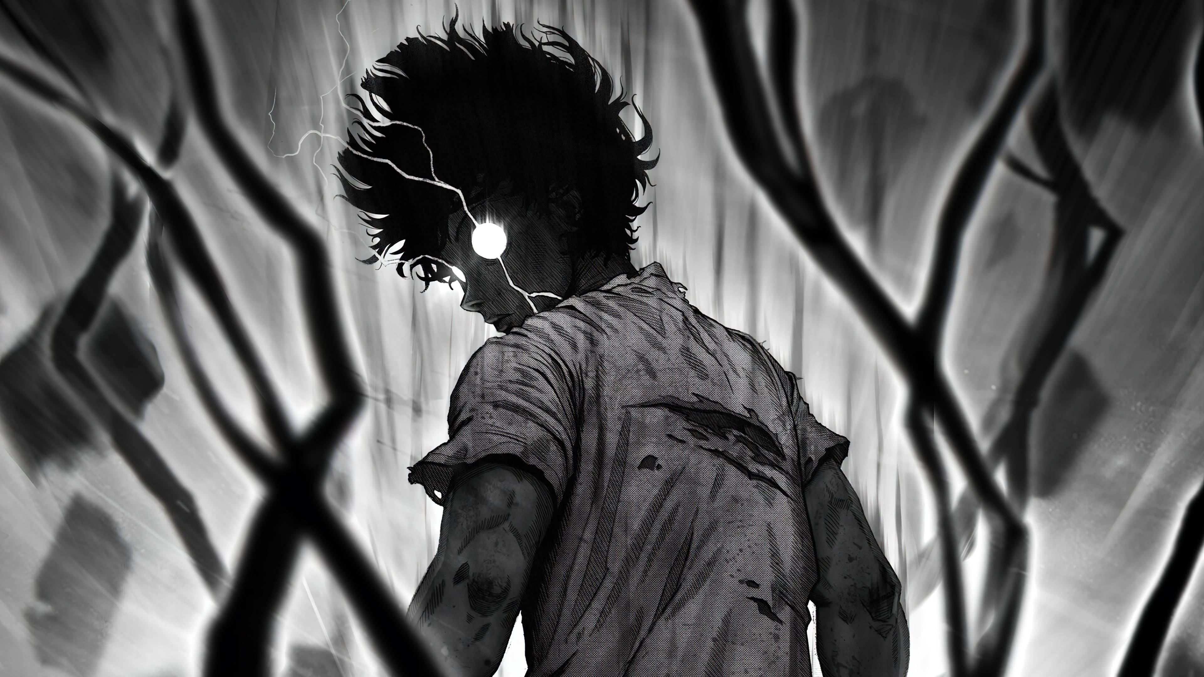 黑暗反派 Deku 雷電雙眸 壁紙 — 一個粗獷的動漫角色，有一隻發光的眼睛和狂野的頭髮，站在單色風暴中的鐵絲網圍欄後面。