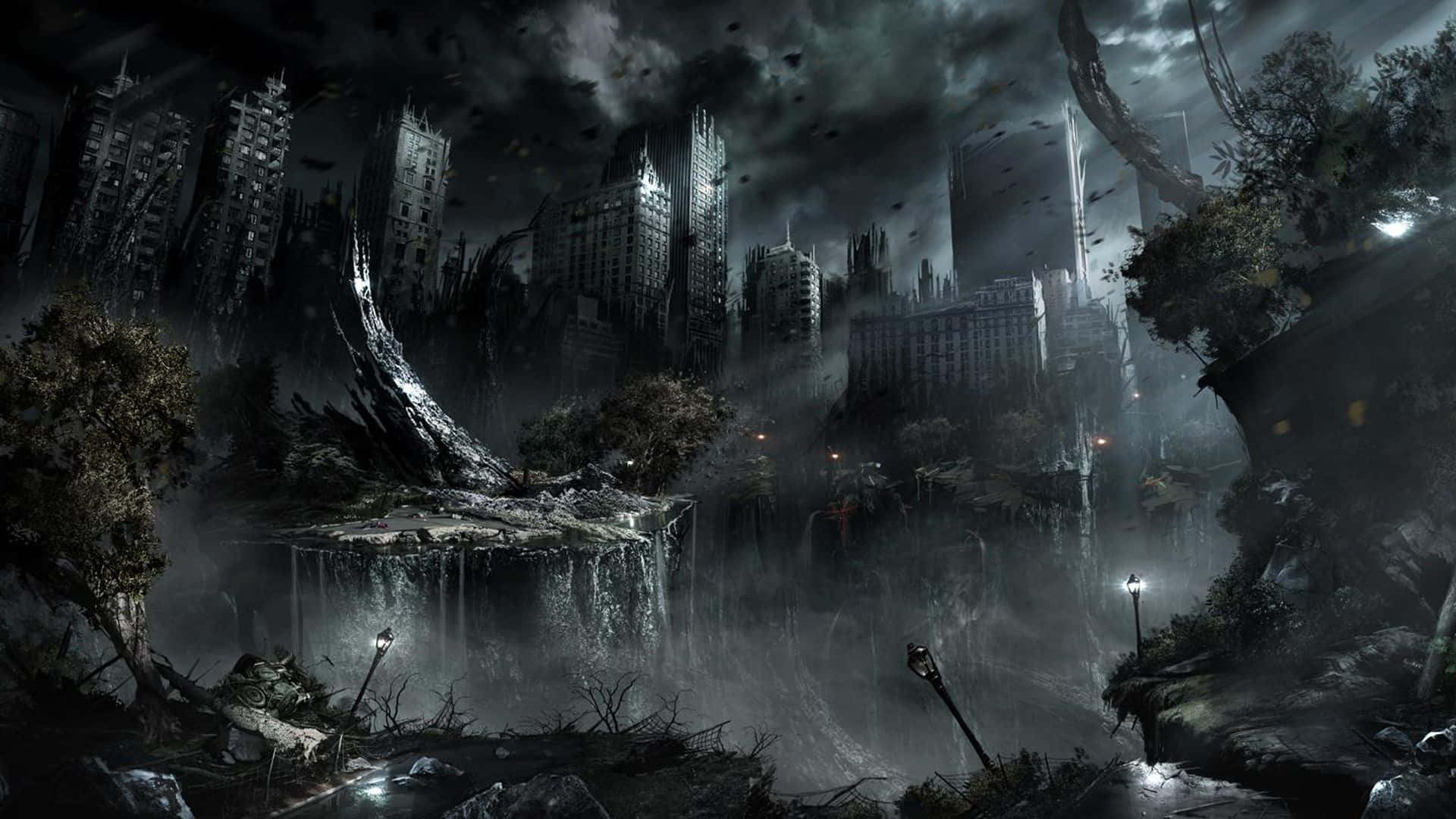 Apocalypse 桌布 壁紙 — 黑暗哥德式城市景觀，有搖搖欲墜的摩天大樓、雜草叢生的植被，以及在暴風雨天空下陰森的街燈。