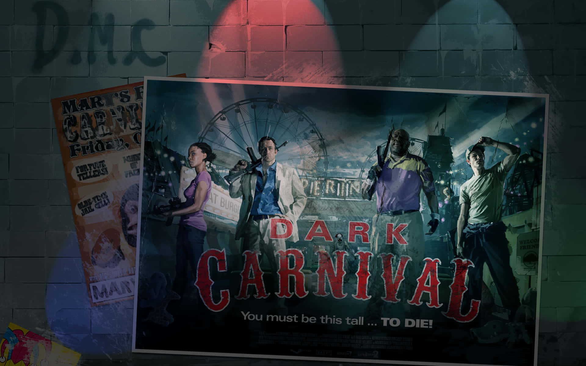 Dark Carnival 桌布 壁紙 — 《黑暗嘉年華》的電影海報，在塗鴉覆蓋的牆壁上，紅色聚光燈下，四位武裝倖存者以陰沉的嘉年華為背景。