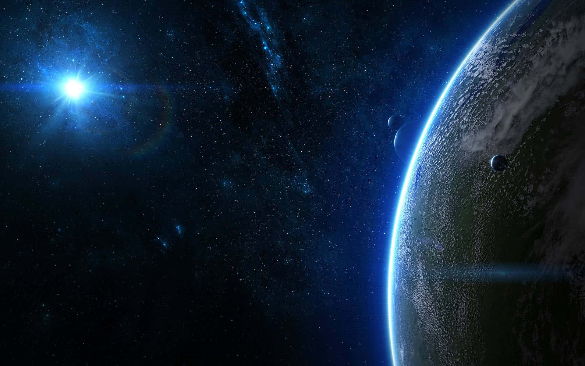 黑暗夜空中的繁星天幕 壁紙 — 一顆發光的藍色星星照亮了宇宙場景，行星的彎曲地平線和兩個小衛星在星場中。