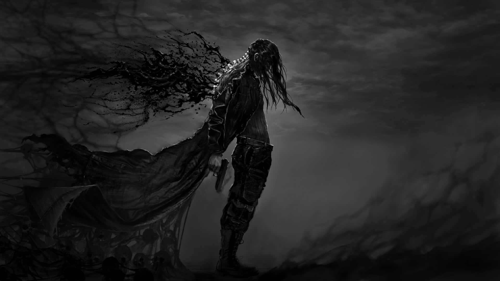 黑暗奇幻仇恨遊戲 壁紙 — 一個孤獨的身影穿著飄逸的斗篷，站在風暴天空下，周圍有黑暗的觸鬚盤旋。