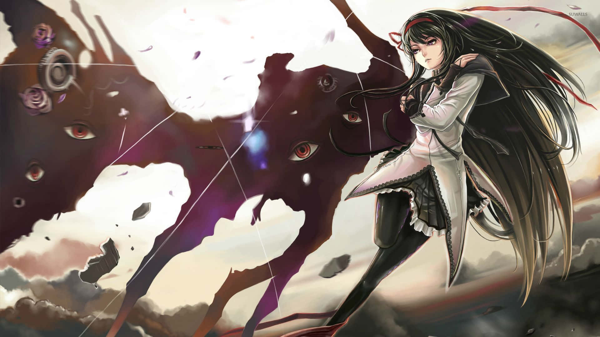 黑暗奇幻動畫《魔法少女小圓》中的魔法少女戰鬥 壁紙 — 一位黑髮動漫女孩穿著白色外套，挑釁地站在一個擁有發光紅眼的怪物陰影實體面前。