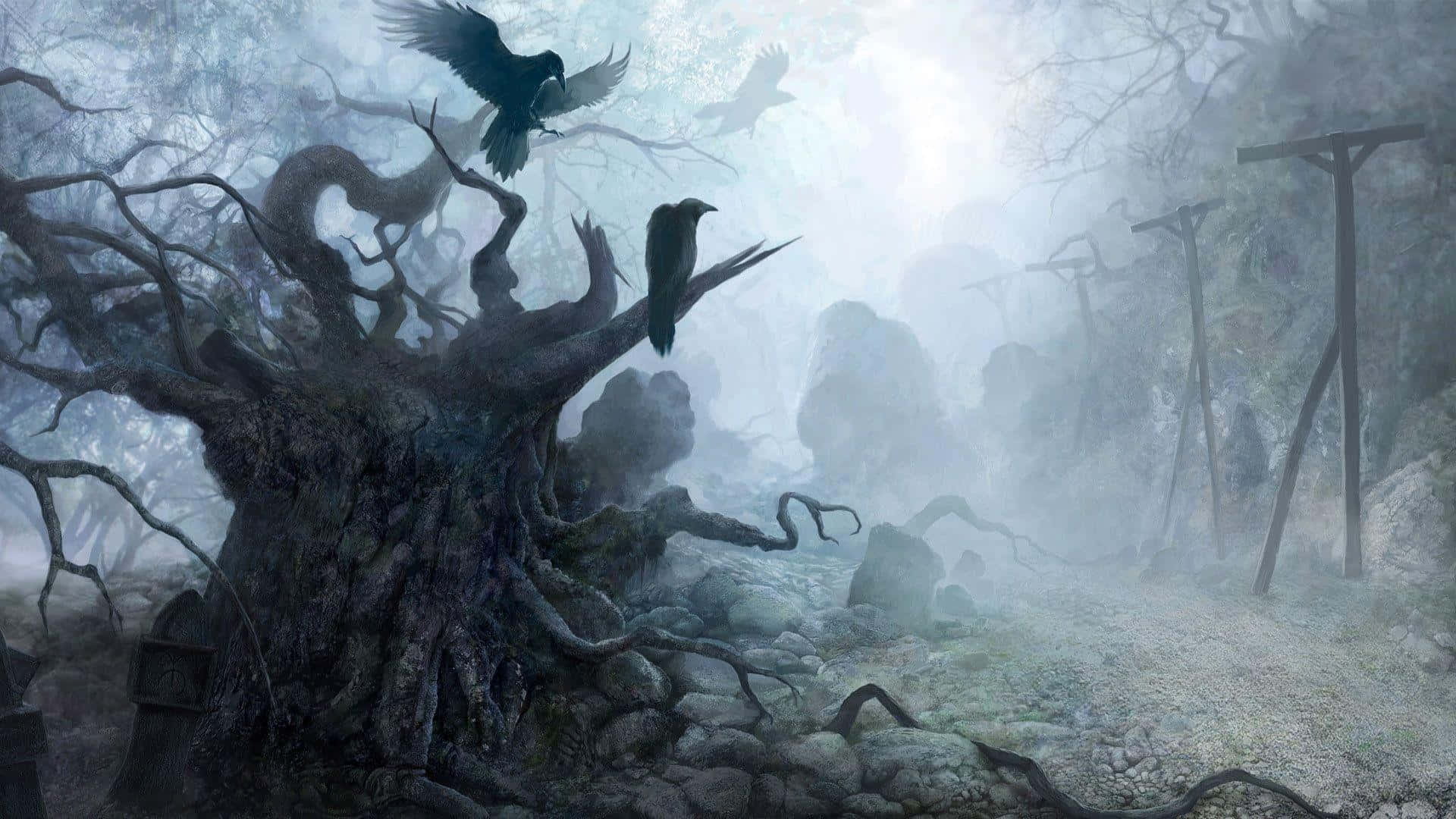 黑暗奇幻叢林 壁紙 — 一片令人毛骨悚然的迷霧森林，古樹盤根錯節，烏鴉棲息在扭曲的樹枝上，天空蒼白。