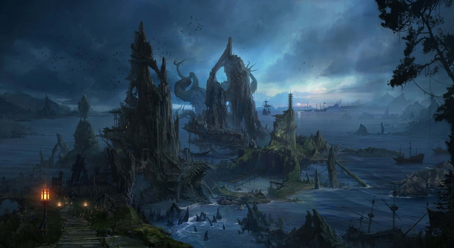 黑暗奇幻壯麗島嶼 壁紙 — 一個令人毛骨悚然的美麗奇幻海岸場景，有搖搖欲墜的古代遺跡、黑暗的暴風雲和暮色天空下的遙遠船隻。