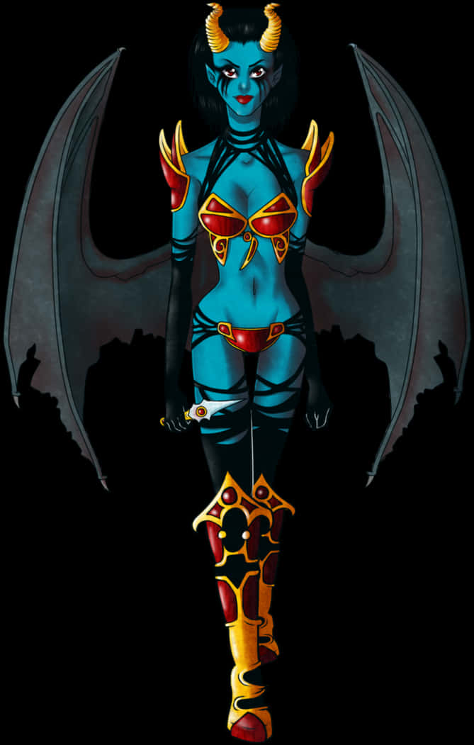 黑暗奇幻女魔頭藝術圖 壁紙 — 一個藍皮膚的惡魔女人，長著金色角和蝙蝠翅膀，手持劍站在黑色背景前。