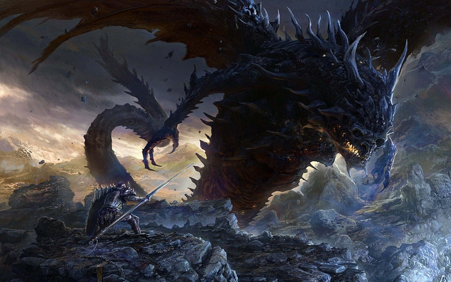 黑暗奇幻巨龍 壁紙 — 一個孤獨的騎士身穿黑色盔甲，挑釁地站在岩石懸崖上，面對一隻巨大的、帶有發光眼睛和尖刺翅膀的威脅性黑龍。