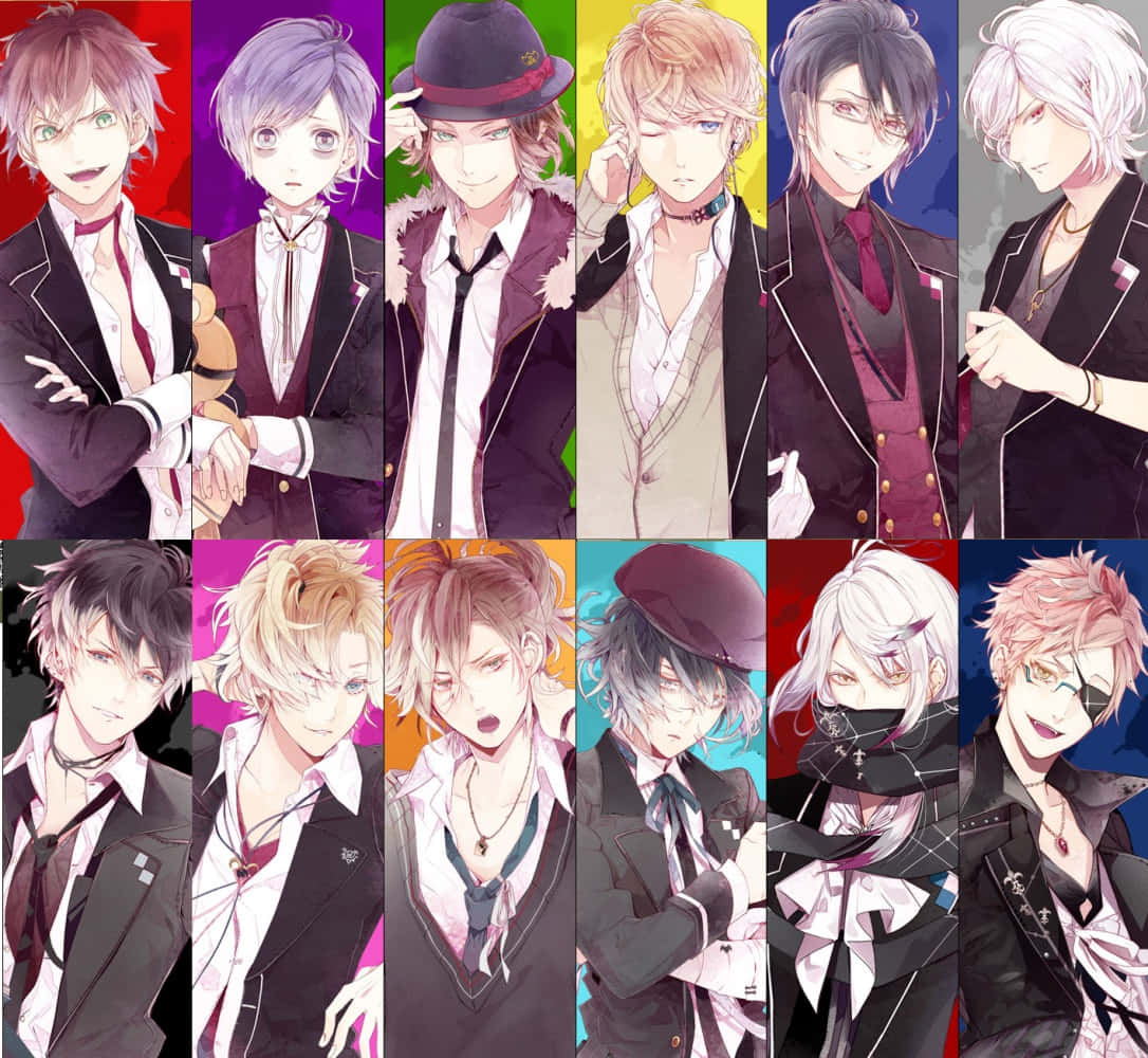 十位穿著正式服裝的動漫男性角色在鮮豔的彩色背景前擺姿勢。