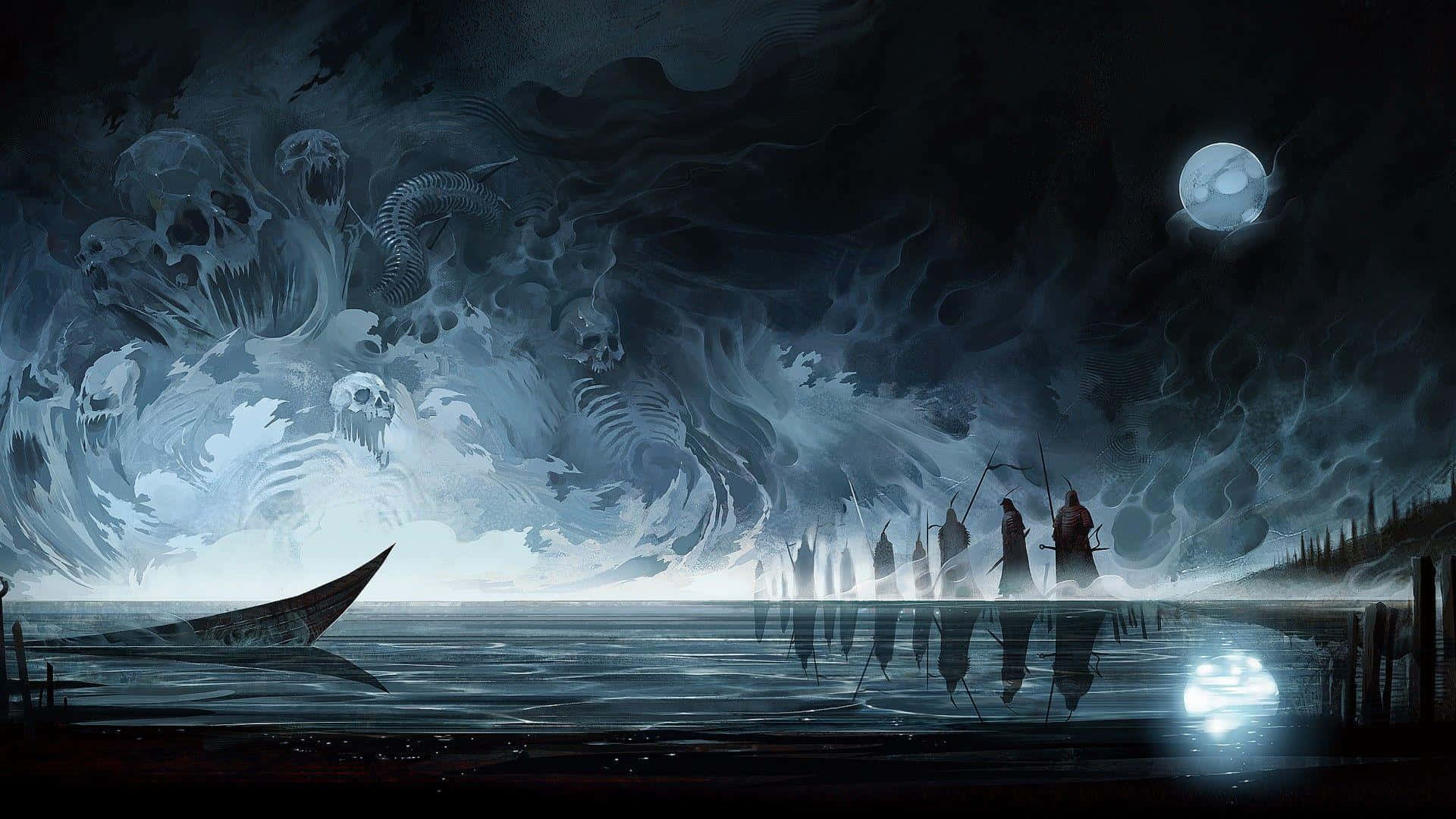 黑暗奇幻海洋幽靈 壁紙 — 剪影人物站在霧氣瀰漫的海岸上，一個怪異的骷髏風暴在蒼白的月亮下於黑暗的海面上醞釀。