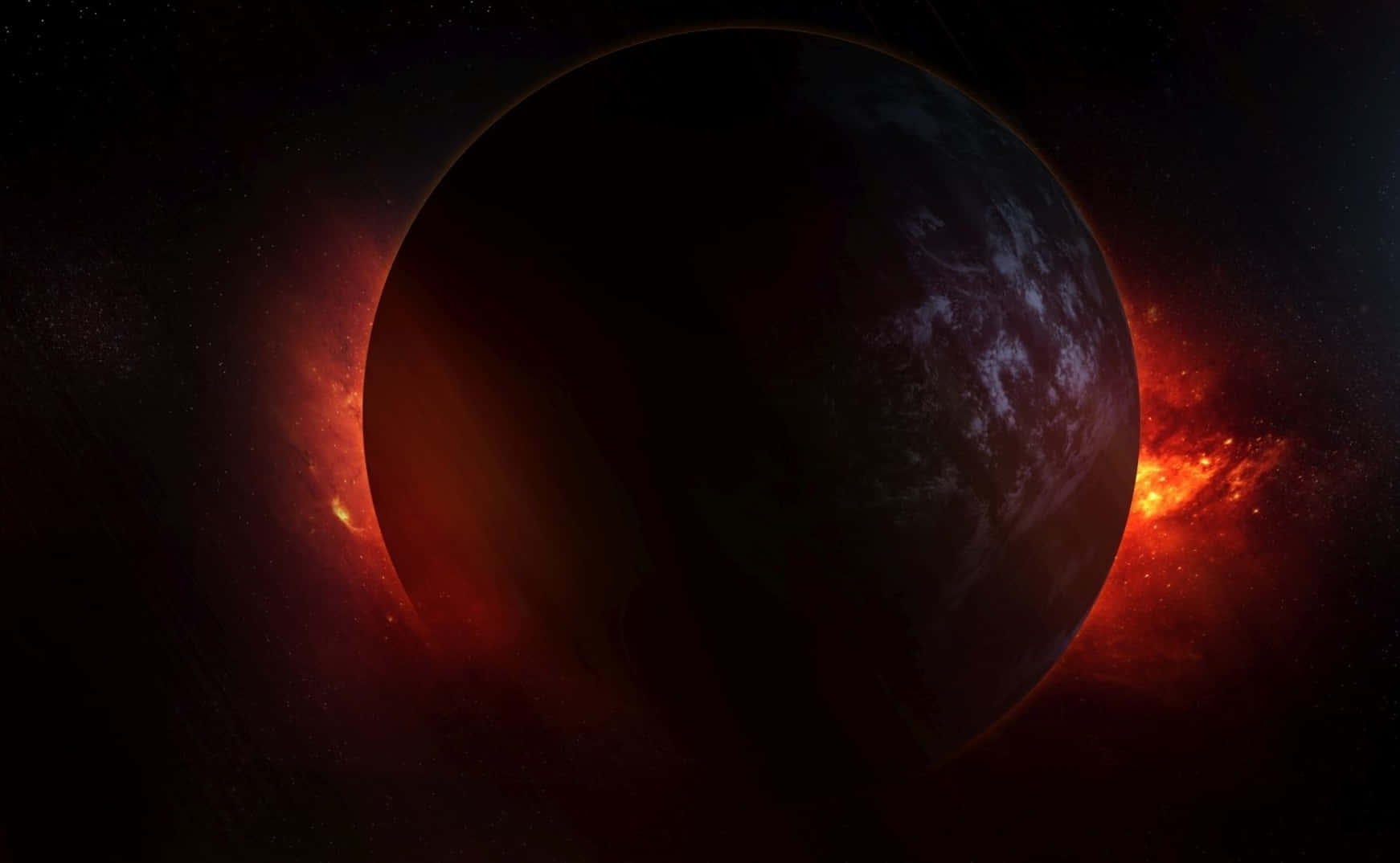 被發光的紅色星雲和星星包圍的宇宙食中的行星