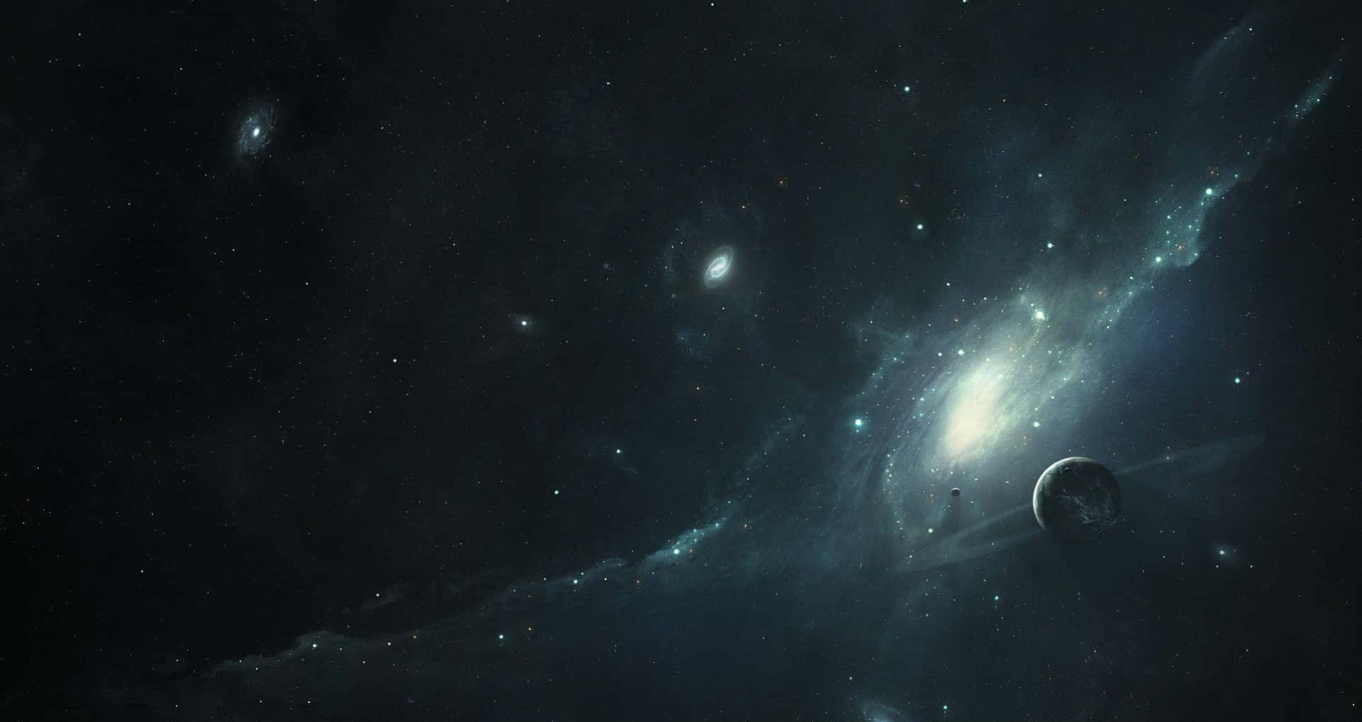 一個發光的螺旋星系，帶有環的黑暗行星，在繁星點點的宇宙中。 — 太空 壁紙