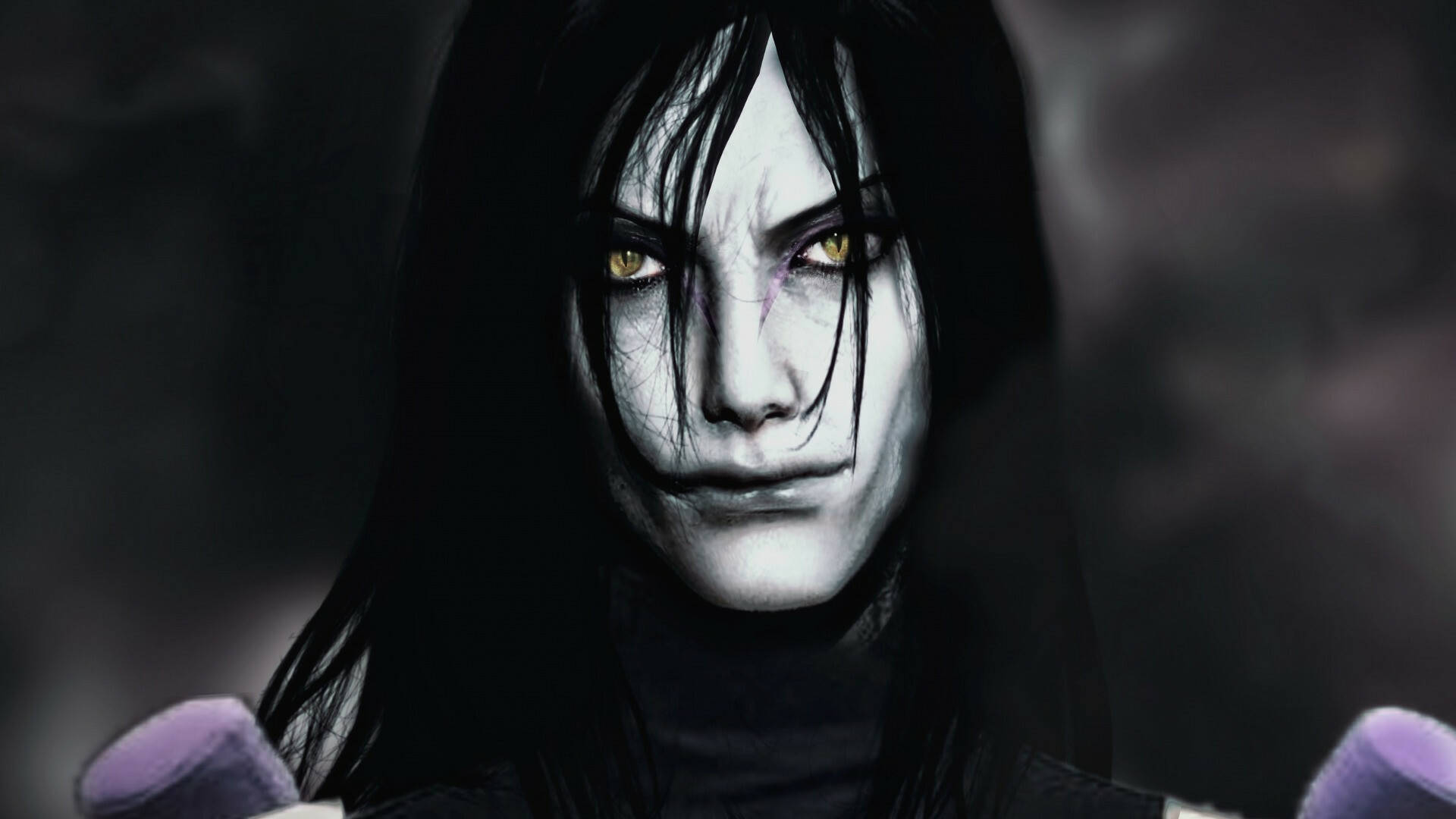 黑暗寫實風格的 Orochimaru 壁紙 — 一個令人難忘的數位肖像，描繪一個蒼白面孔的角色，擁有發光的黃色眼睛和深色頭髮，背景是煙霧般的灰色。