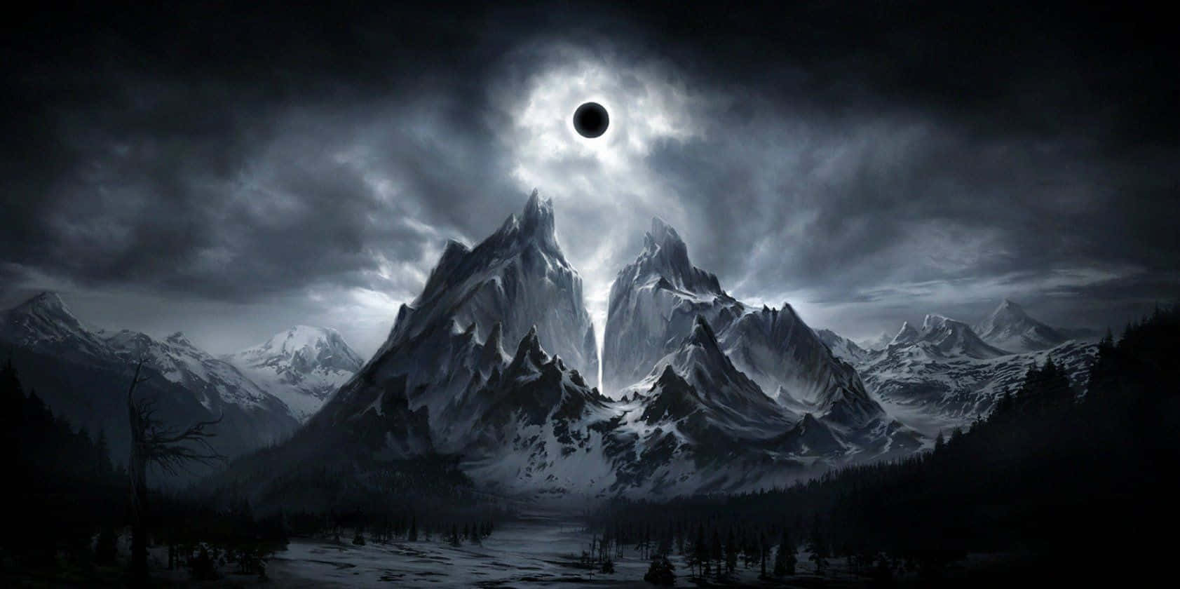 Dark Landscape 桌布 壁紙 — 黑暗山脈在戲劇性的日食下，伴隨著暴風雲和下方的冰凍湖泊。