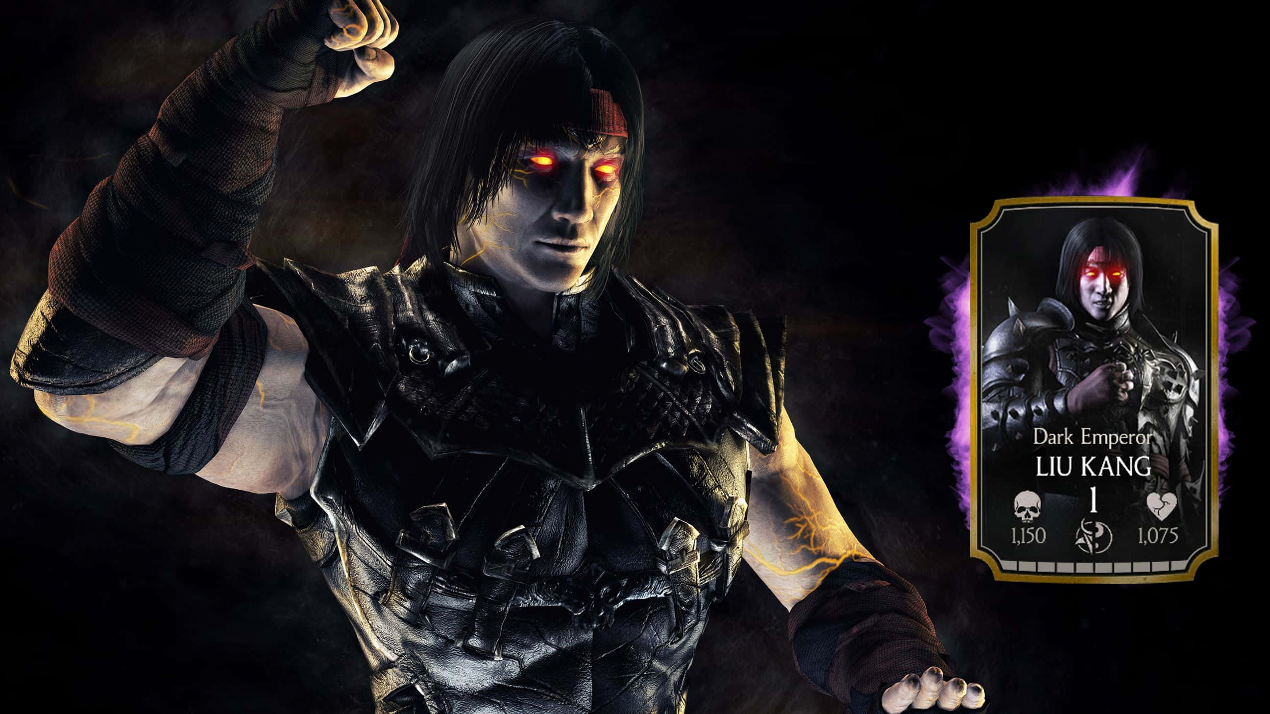Mortal Kombat Liu Kang 桌布 壁紙 — 黑暗帝王劉康身穿黑色盔甲，雙眼發出紅光，在煙霧繚繞的黑色背景前強勢擺姿勢，旁邊有一張遊戲卡。