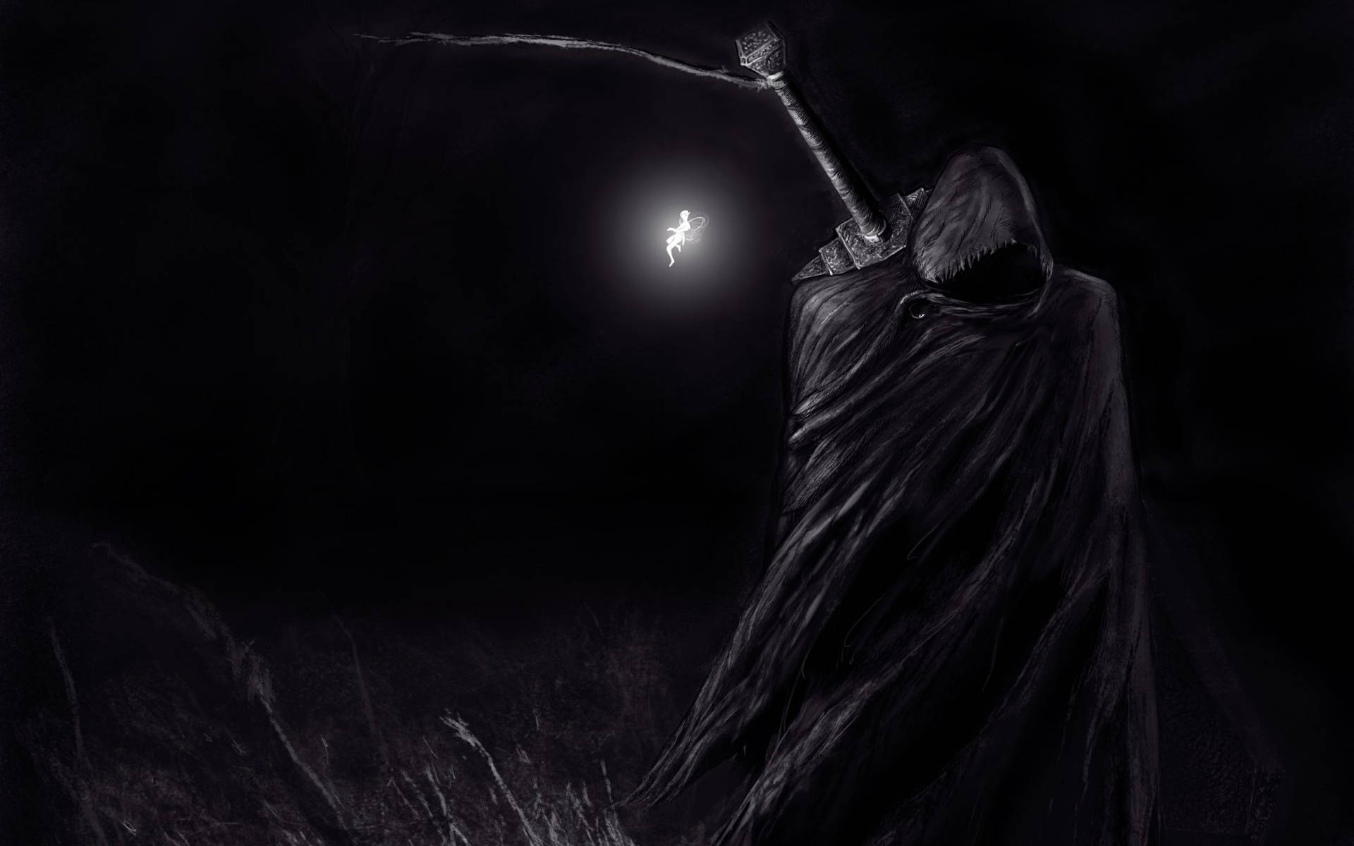 拿著鐮刀的死神站在發光月亮下的陰影中，一個小人在跳舞。