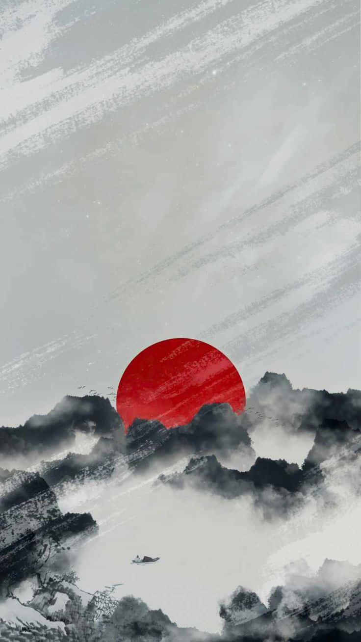 紅日從霧山升起，河上有一艘小船。