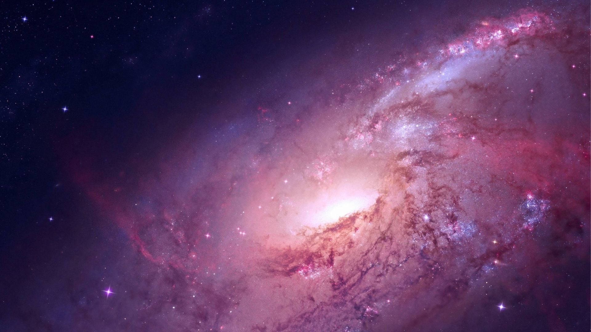 一個螺旋星系，散發著粉紅色和紫色的氣體和恆星雲。