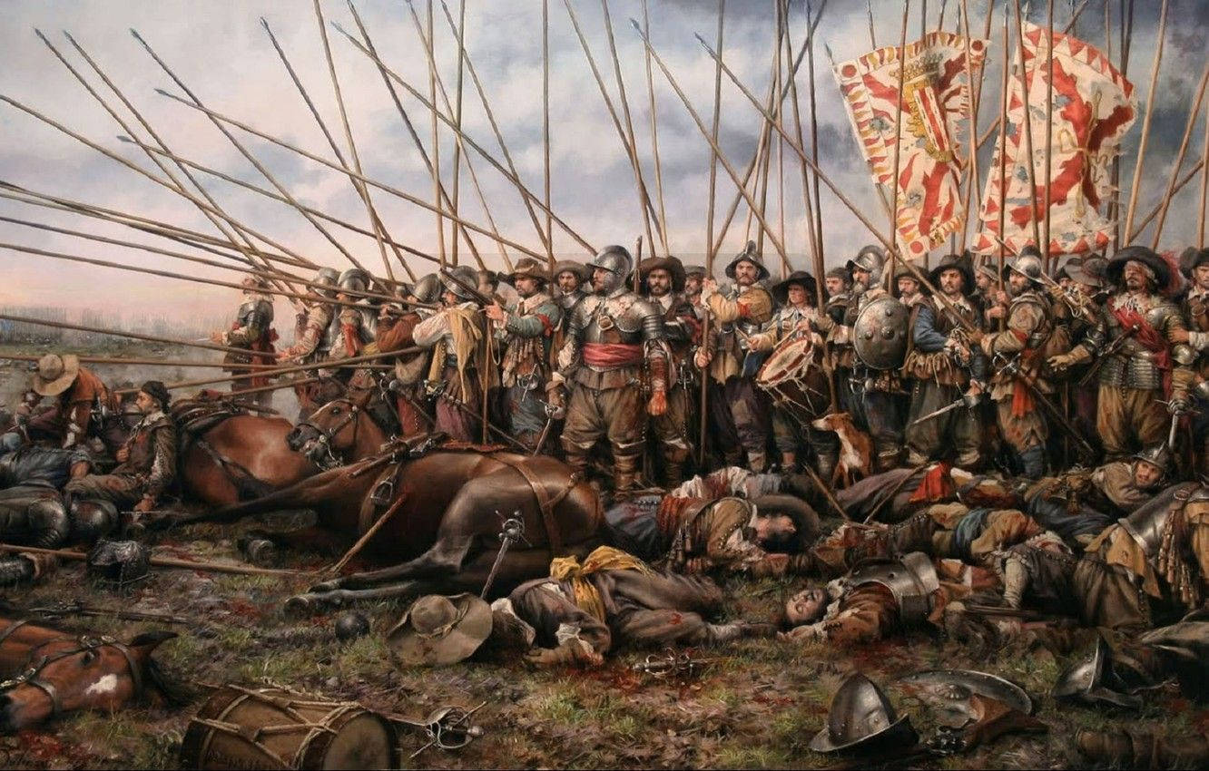 身穿盔甲的士兵在血跡斑斑的戰場上，與倒下的士兵和馬匹一起用長矛交鋒。