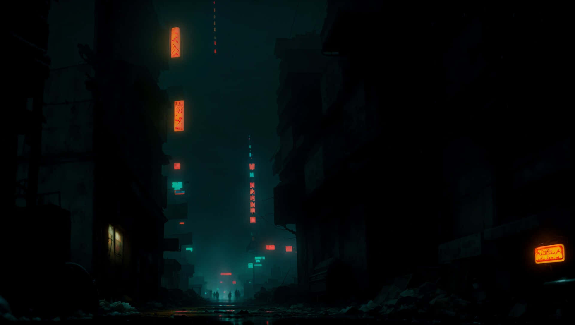 黑暗末日都市風景 壁紙 — 夜晚一條霓虹燈照亮嘅城市後巷，發光嘅招牌喺破舊建築上投射出詭異嘅橙色同藍綠色光。