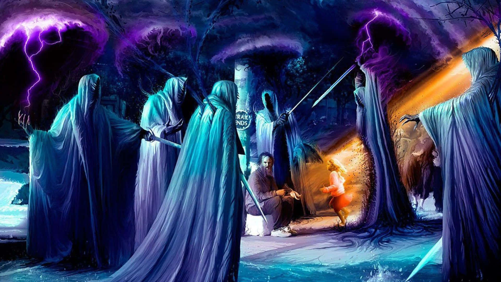 3d Fantasy 桌布 壁紙 — 黑暗森林中，紫色閃電下，戴兜帽的人物揮舞發光劍的神秘戰鬥場景。