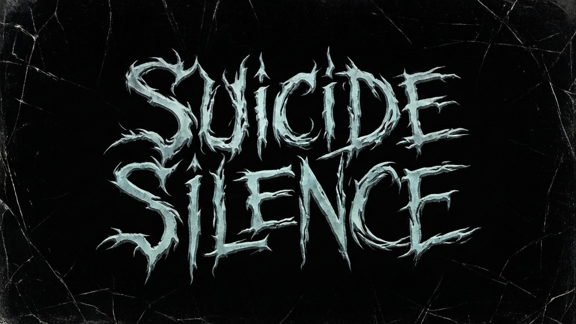 Suicide Silence樂隊標誌以鋸齒青色字體顯示在裂紋黑色背景上