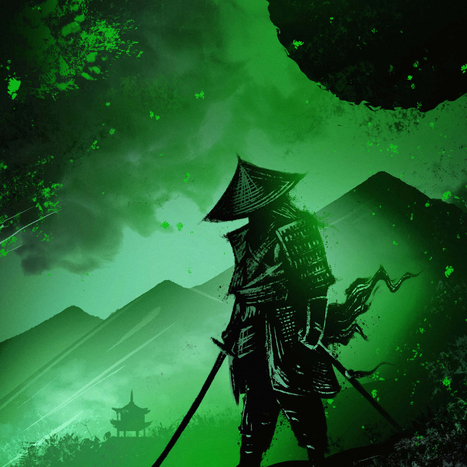 武士剪影站在山上，寶塔在綠色天空下