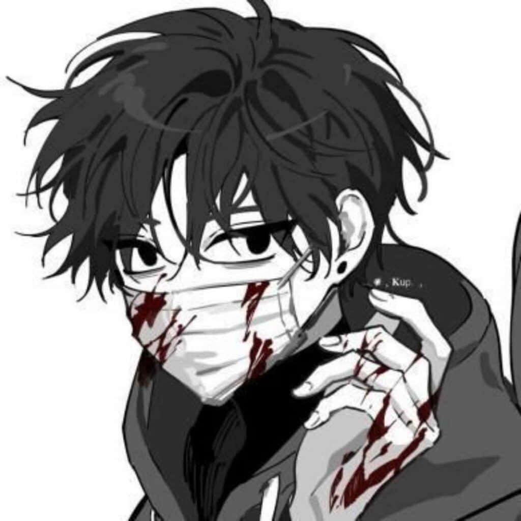 戴著血跡斑斑面罩的動漫男孩拿著手機