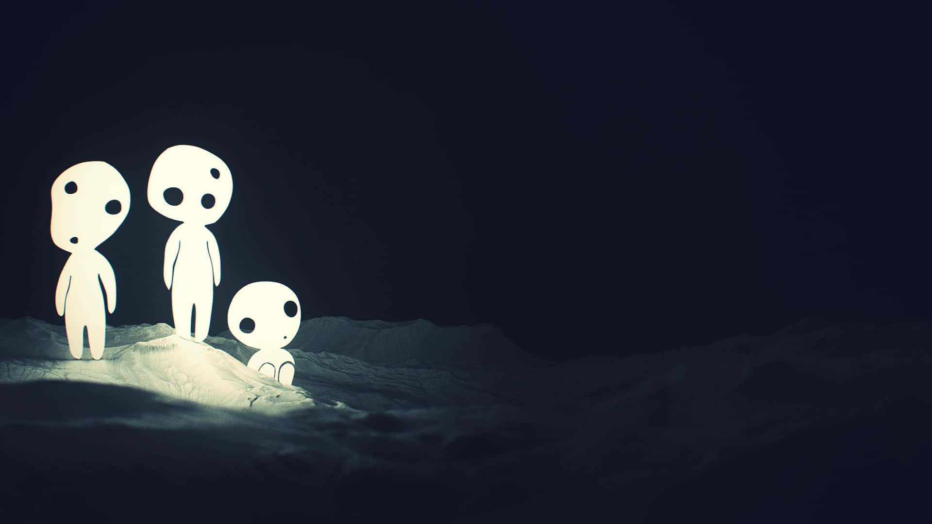 三個發光的白色人物站在雪堆上，處於黑暗之中。