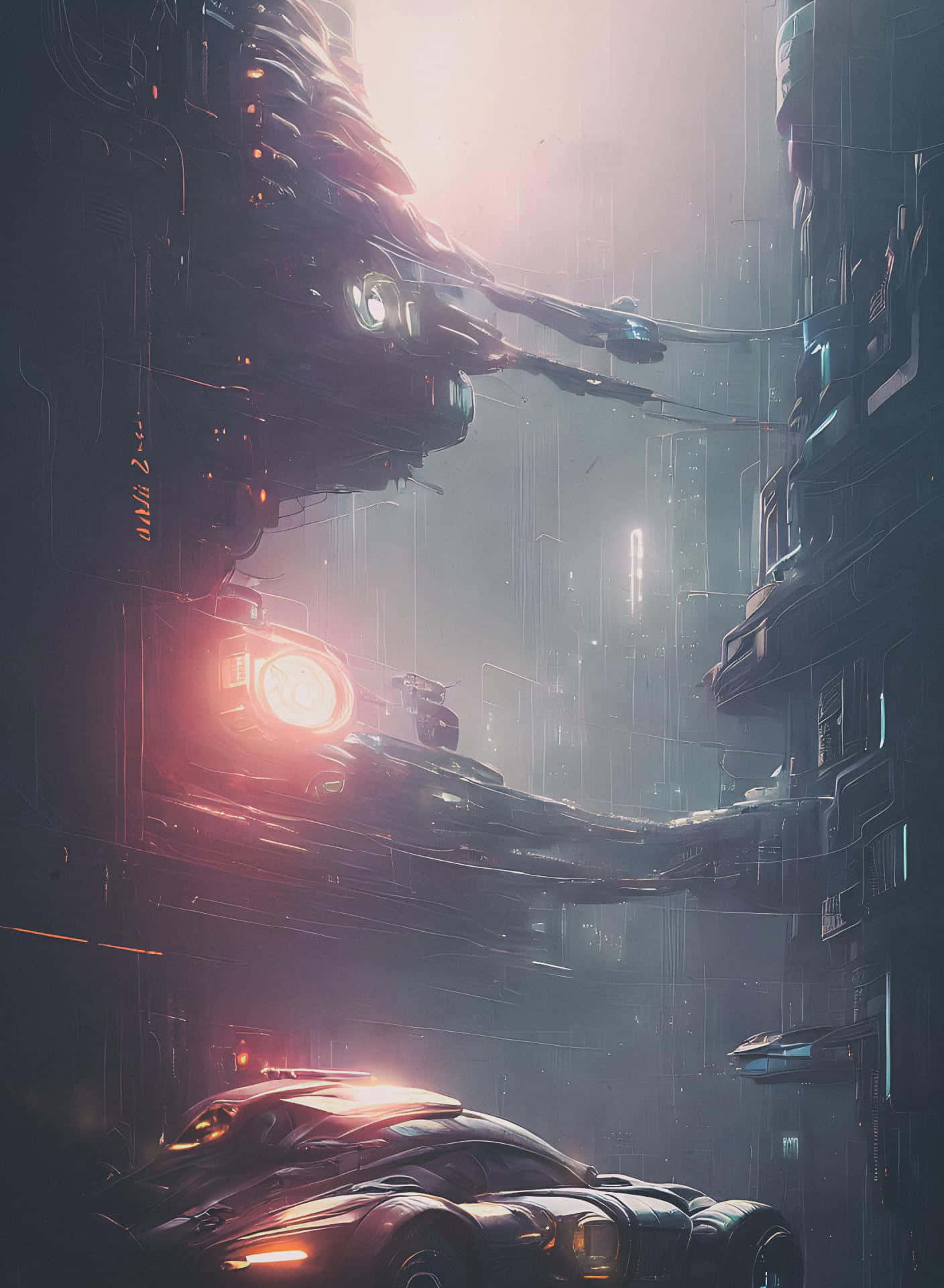 黑暗的反烏托邦城市風景 壁紙 — 在朦朧的天空下，發光的霓虹燈和飛行車輛穿梭於高聳的摩天大樓之間的未來城市景觀。