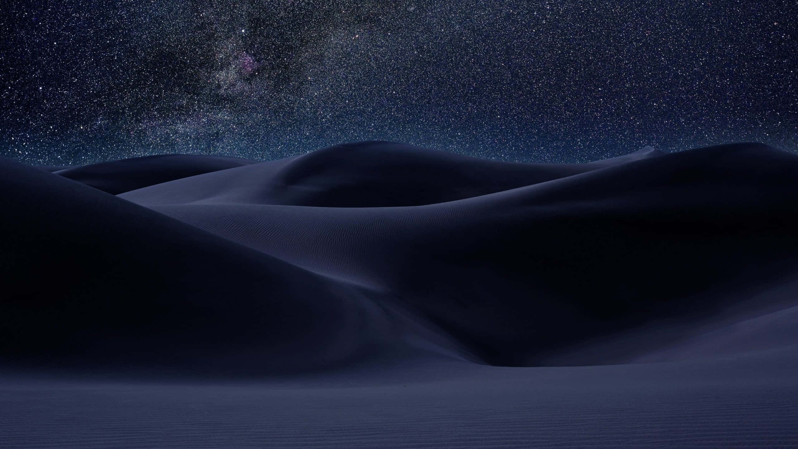 Sand Dunes 桌布 壁紙 — 黑暗的沙漠沙丘在繁星點點的夜空下起伏，銀河在上方閃耀。
