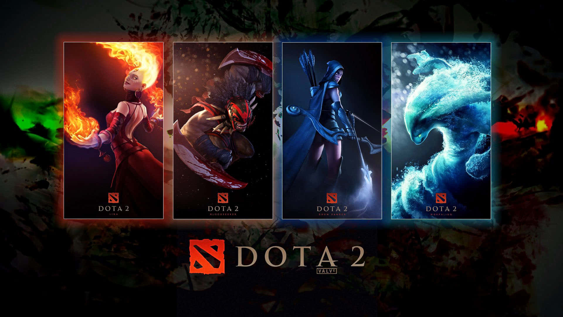 四個 Dota 2 英雄肖像在黑暗抽象背景上閃耀著元素魔法。