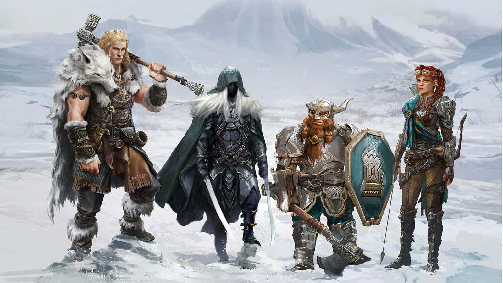 黑暗聯盟遊戲劇情場景 壁紙 — 四位身穿重甲的奇幻戰士在積雪的山隘中與一隻狼同伴挑釁地站立。