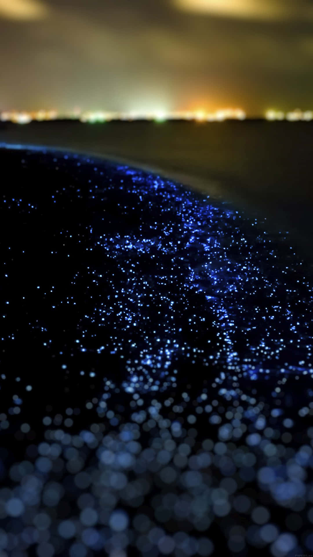 夜晚漆黑沙灘上藍色生物螢光海浪閃爍，遠方城市燈光。
