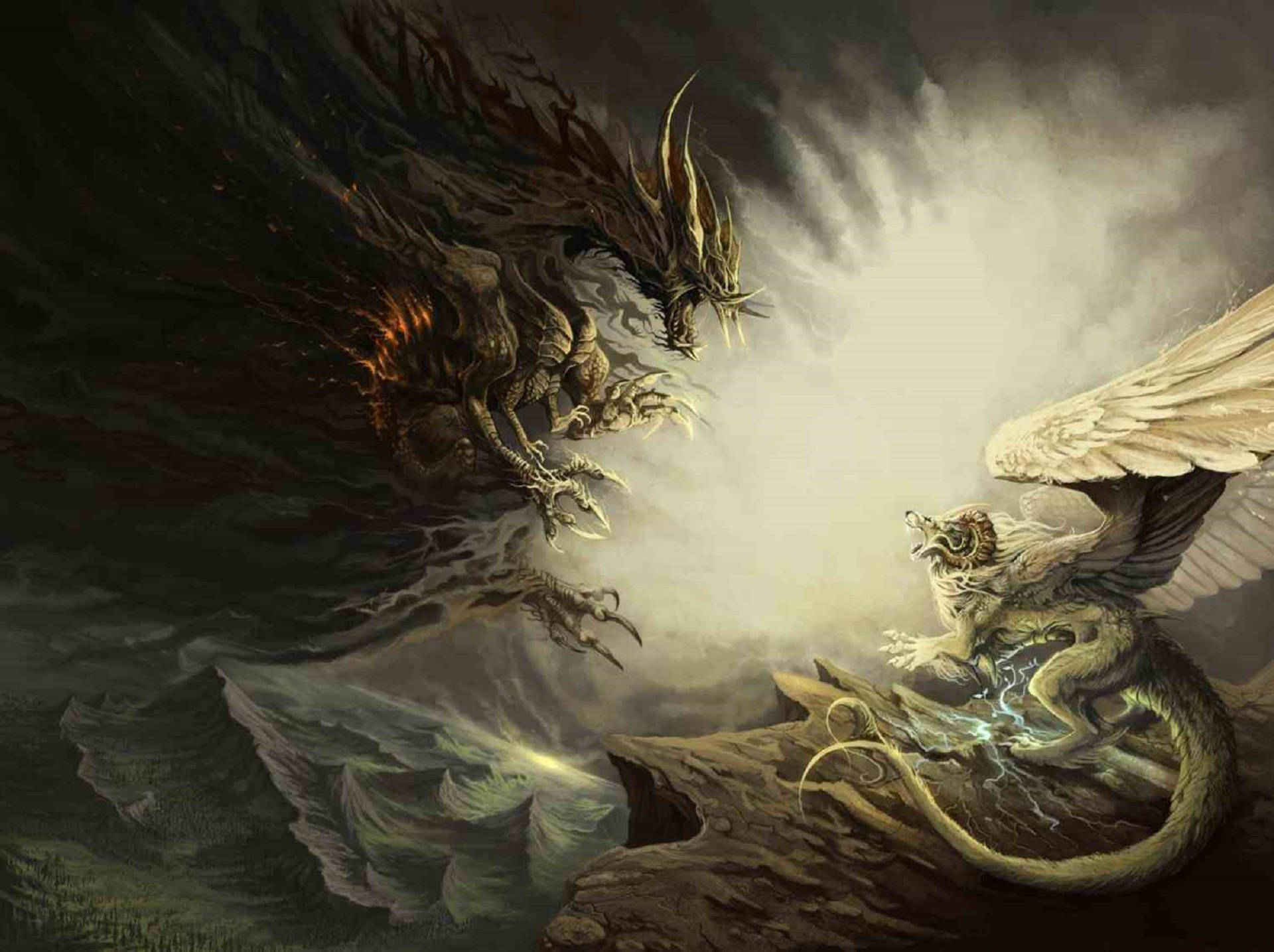 一條黑色巨龍在暴風雨中撲向懸崖上的一隻帶翼野獸。