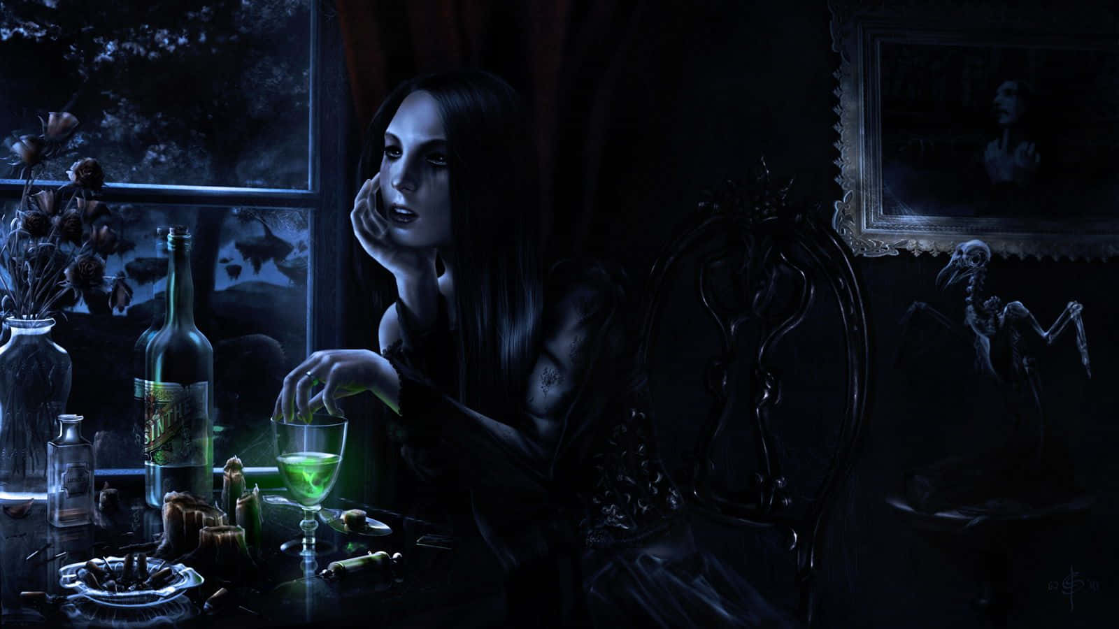 黑暗與血的夜晚 壁紙 — 一位蒼白的長黑髮女性獨自坐在昏暗的哥德式房間裡，在月光映照的窗邊將發光的綠色液體倒入玻璃杯中。