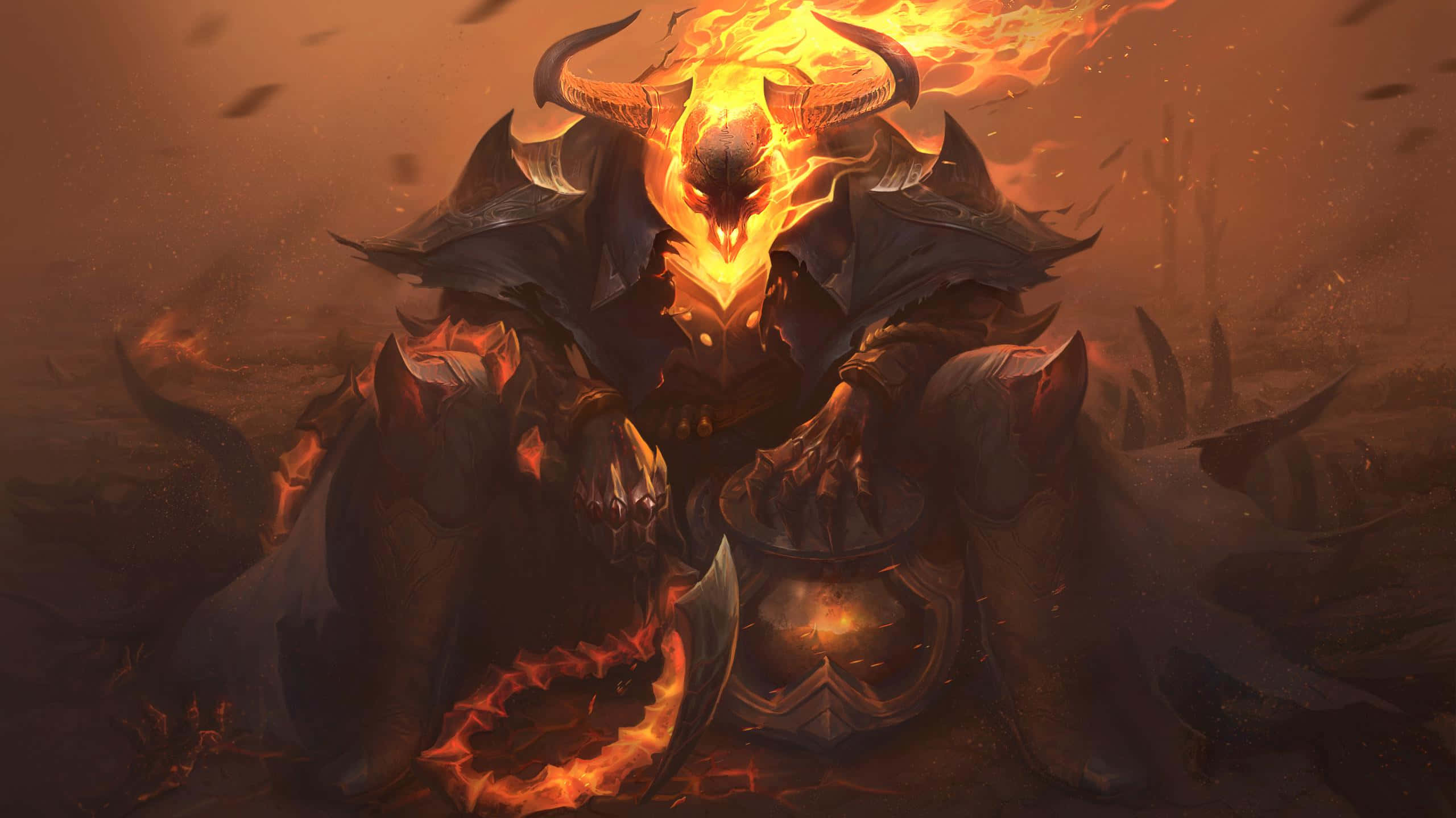 黑暗虛空中潛伏的惡魔 壁紙 — 一個火熱的惡魔形象，擁有發光的橙色眼睛和角，坐在火焰王座上，背景是煙霧瀰漫的地獄景觀。