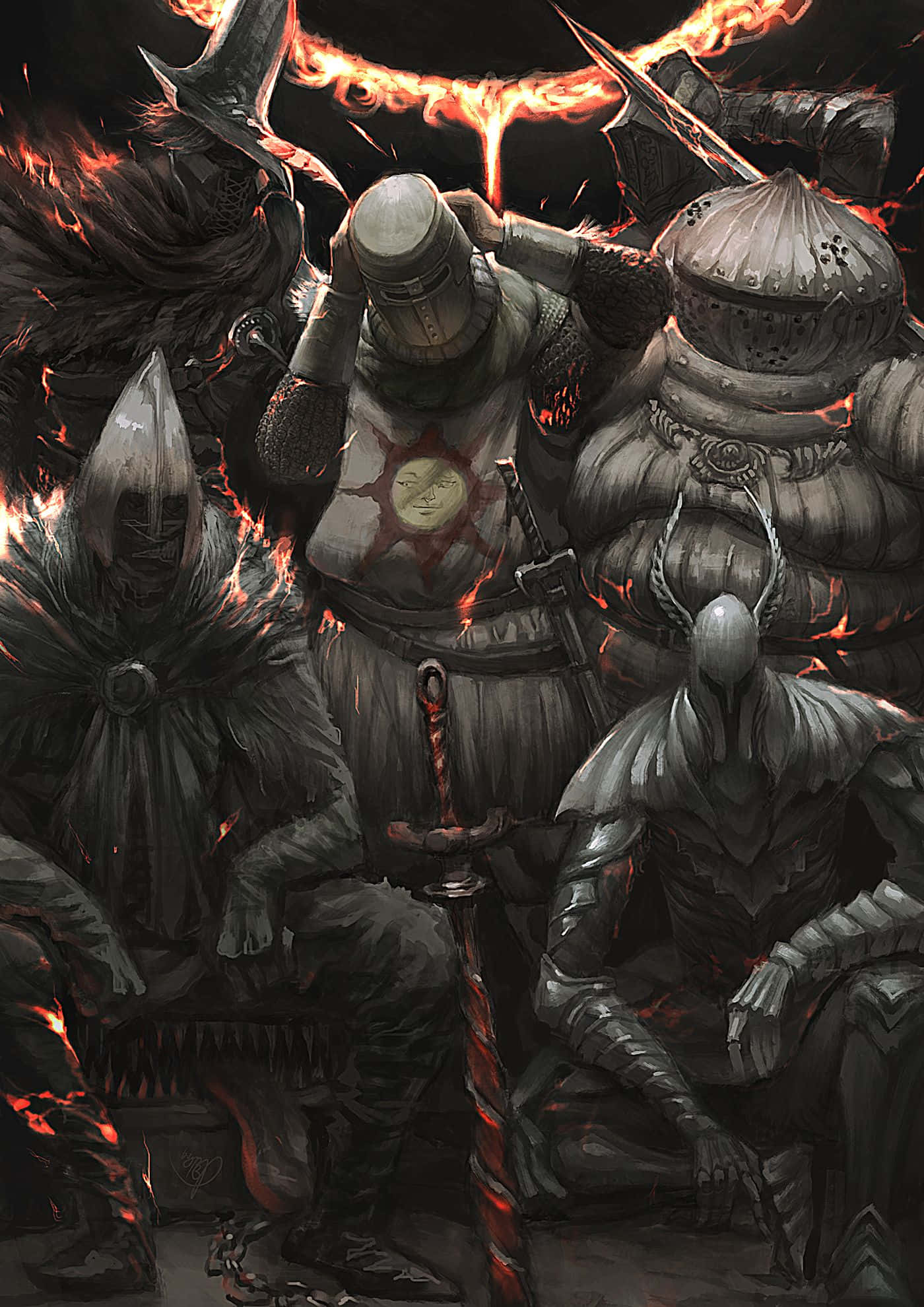 Solaire Of Astora 桌布 壁紙 — 黑暗裝甲騎士坐在一個火焰熊熊的王座室中，伴隨著發光的紅色火焰和不祥的陰影。