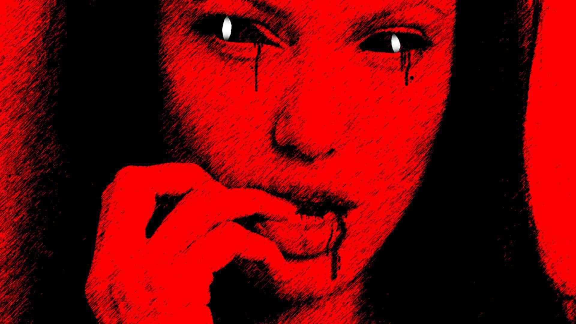 黑暗詭異霧氣中的神秘鬼影 壁紙 — 一個令人毛骨悚然的紅色調女性肖像，眼睛發光，嘴唇和手指滴著血。